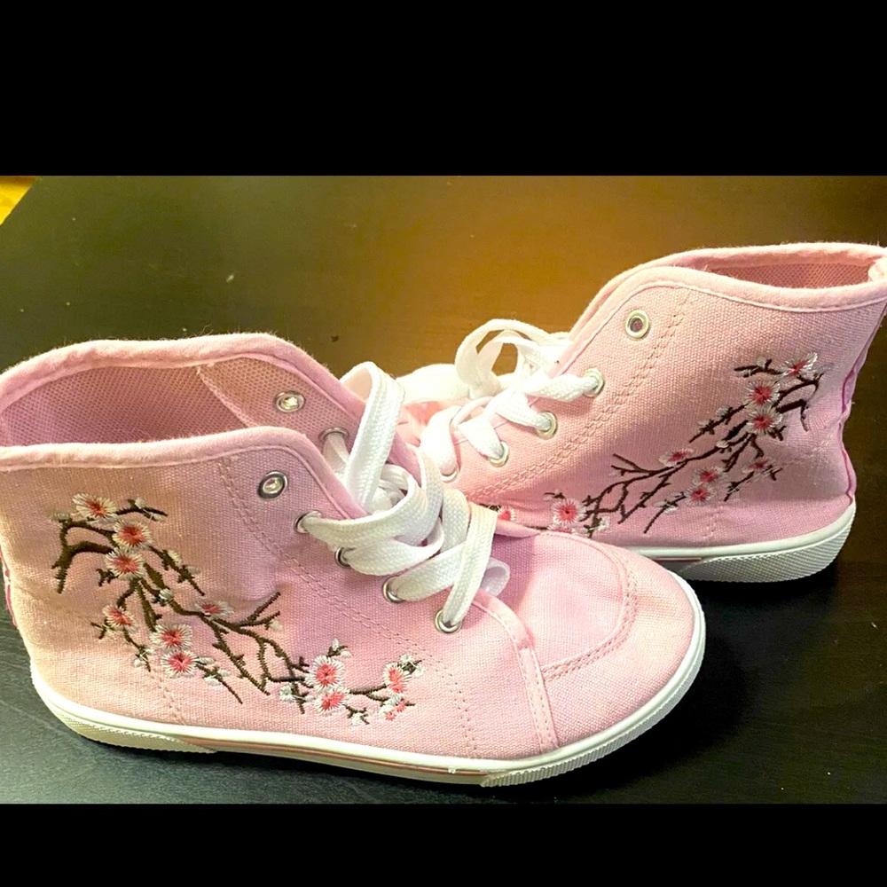 Chillipop Girls Pink Flowers High Top Sneakers Shoes, New Size 2